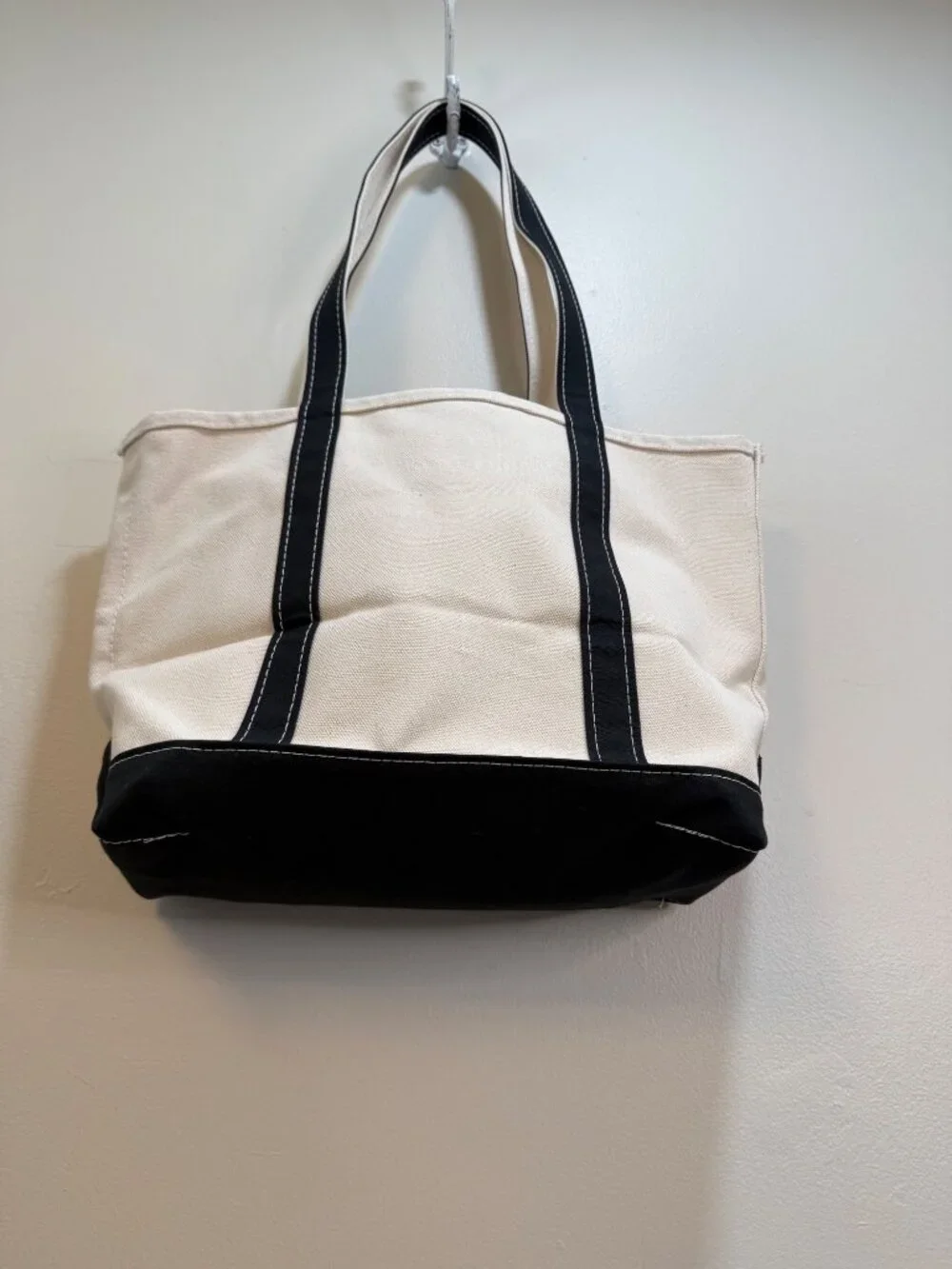 L.L. Bean Boat & Tote Bag Open Top Long Handle Black Handles Trim 